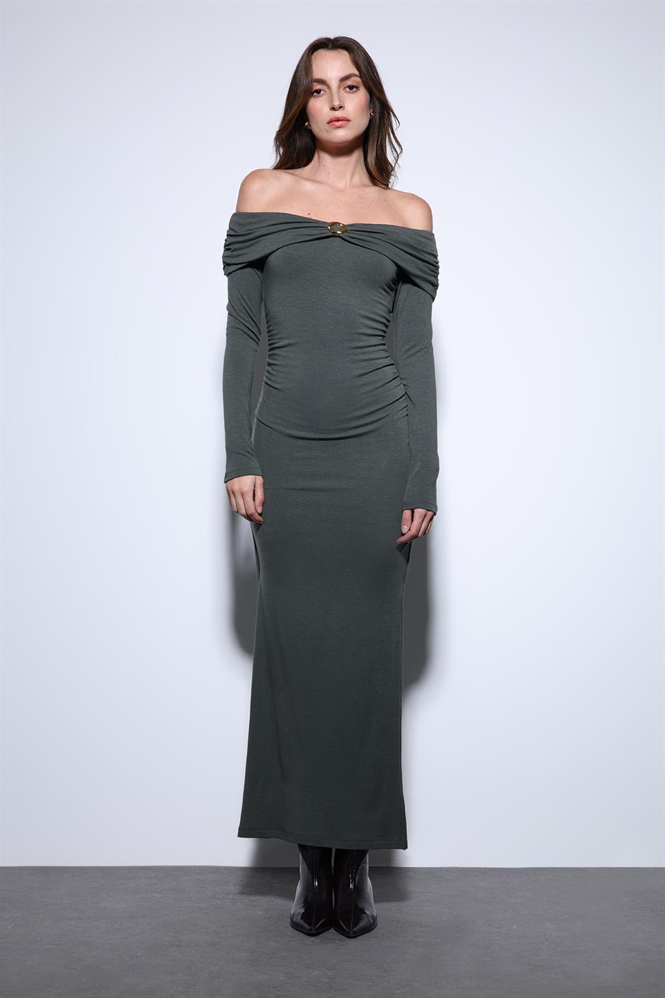 Antioch Haki Drape Detaylı Aksesuarlı Elbise