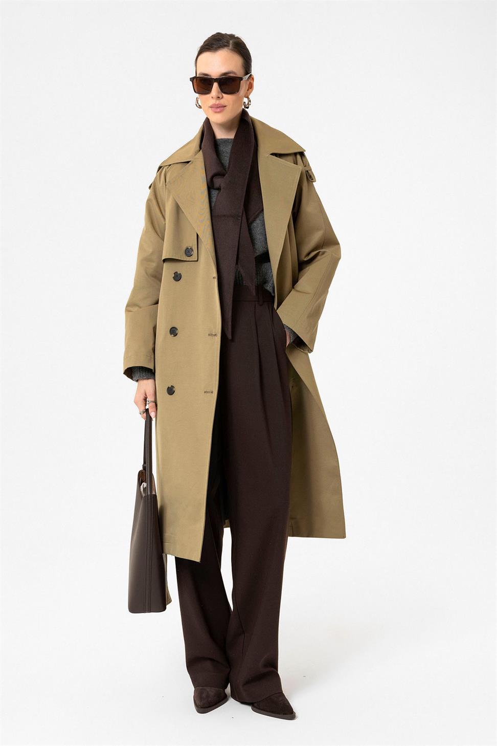 Antioch Haki Kadın Kemerli Uzun Trençkot