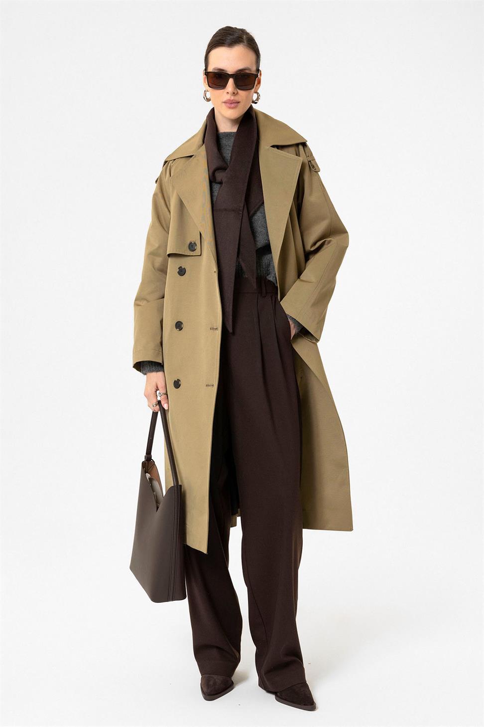 Antioch Haki Kadın Kemerli Uzun Trençkot