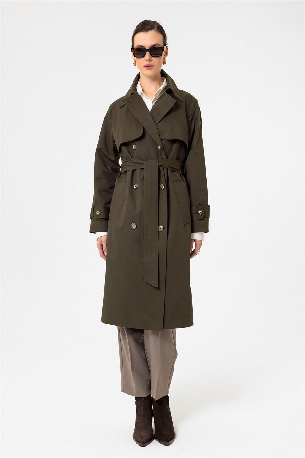 Antioch Haki Kadın Kruvaze Kapama Kemerli Trençkot