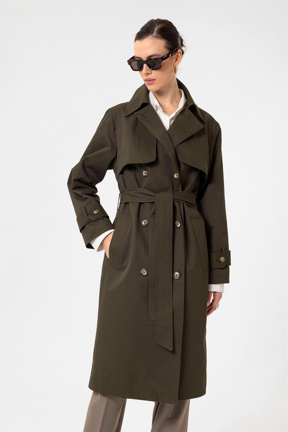 Antioch Haki Kadın Kruvaze Kapama Kemerli Trençkot