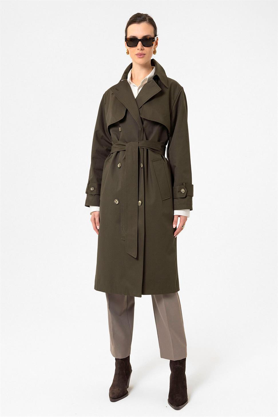 Antioch Haki Kadın Kruvaze Kapama Kemerli Trençkot