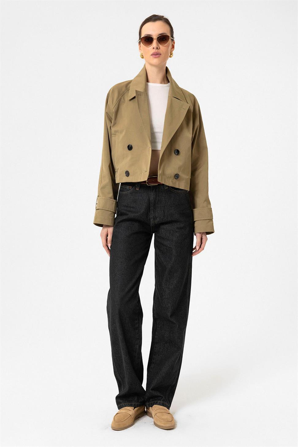 Antioch Haki Kadın Kruvaze Kısa Trençkot