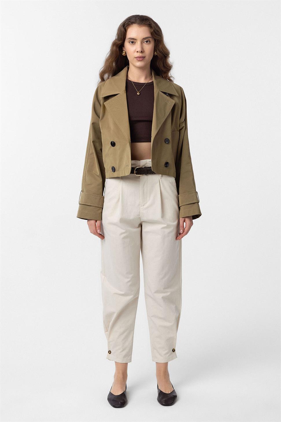 Antioch Haki Kadın Kruvaze Kısa Trençkot