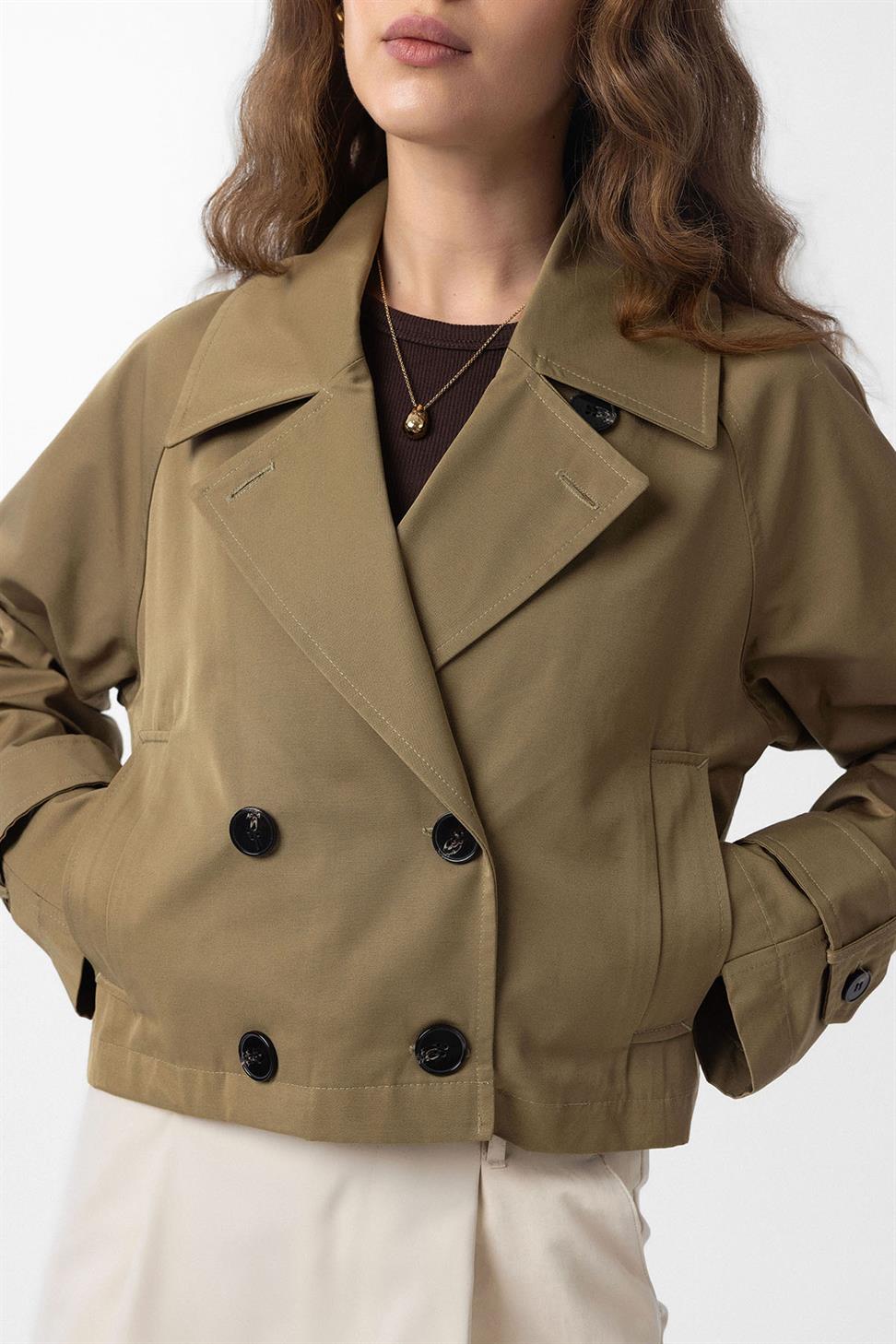 Antioch Haki Kadın Kruvaze Kısa Trençkot