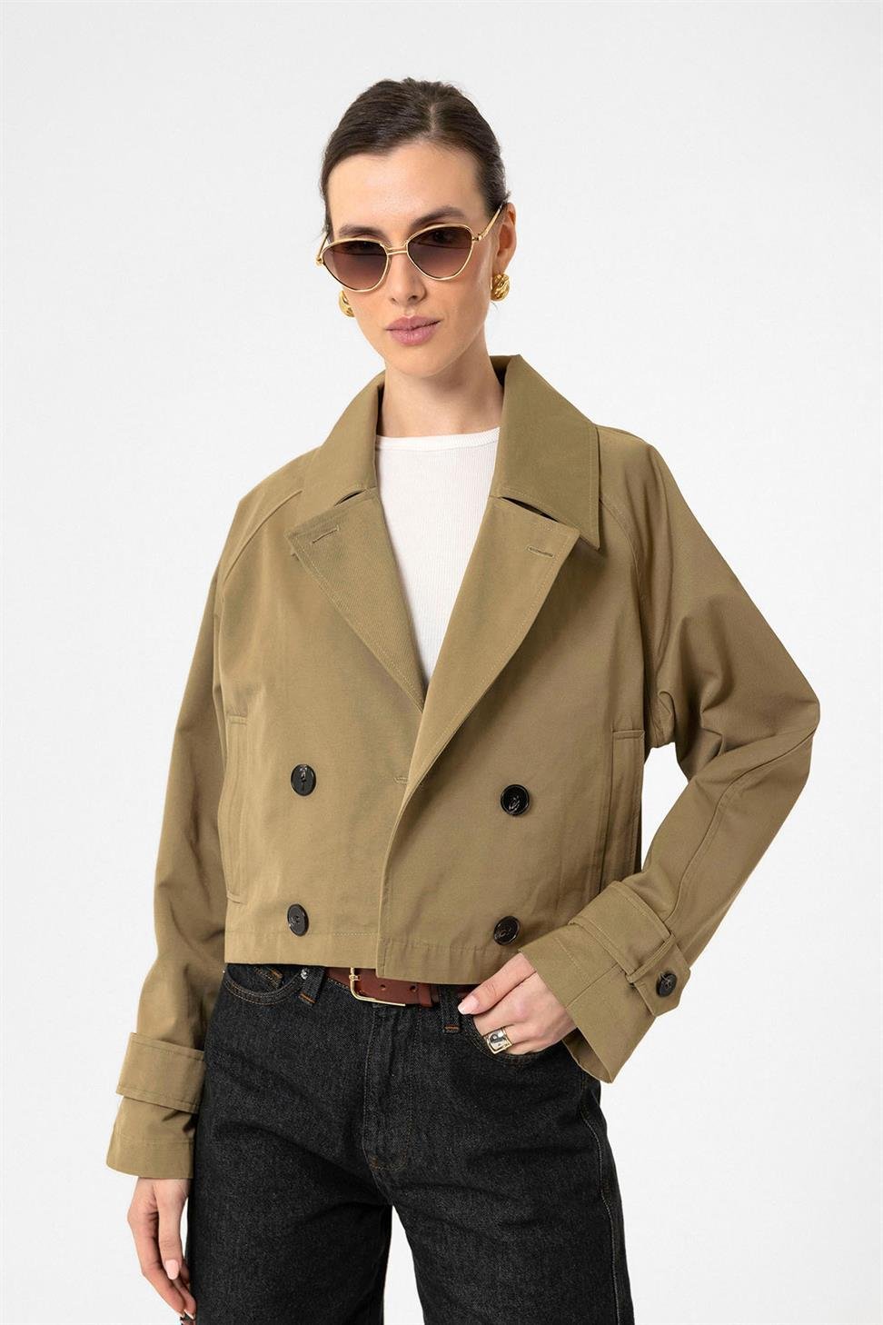 Antioch Haki Kadın Kruvaze Kısa Trençkot