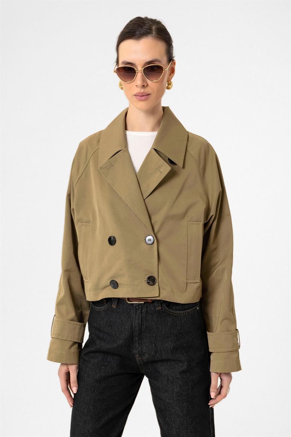 Antioch Haki Kadın Kruvaze Kısa Trençkot