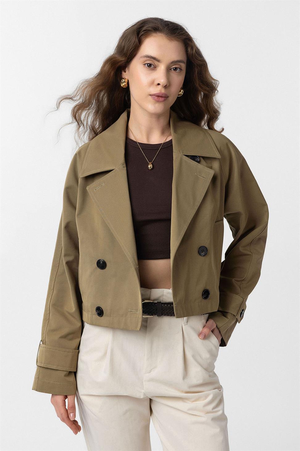 Antioch Haki Kadın Kruvaze Kısa Trençkot