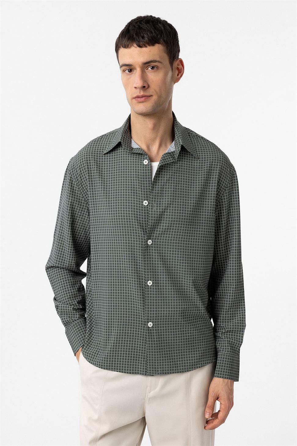 Antioch Haki Kareli Erkek Rahat Kalıp Erkek Gömlek