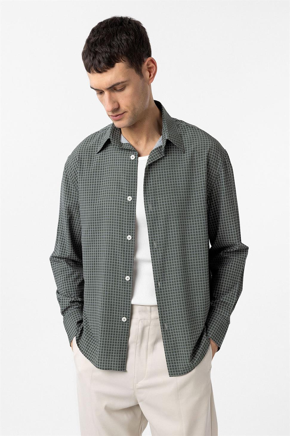 Antioch Haki Kareli Erkek Rahat Kalıp Erkek Gömlek