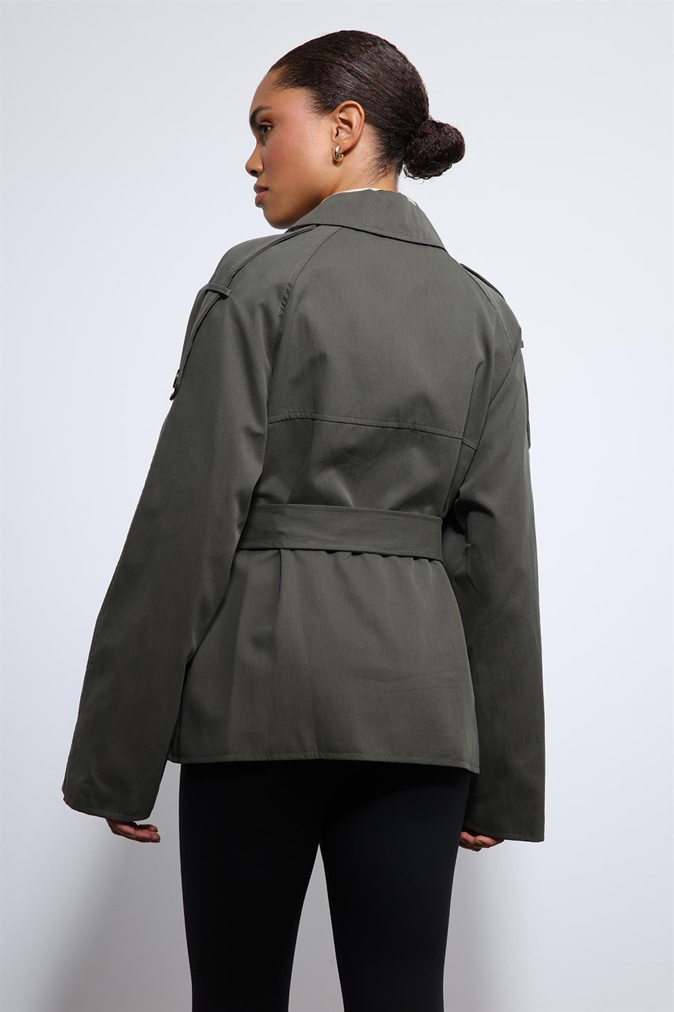 Antioch Haki Kemerli Kısa Trençkot