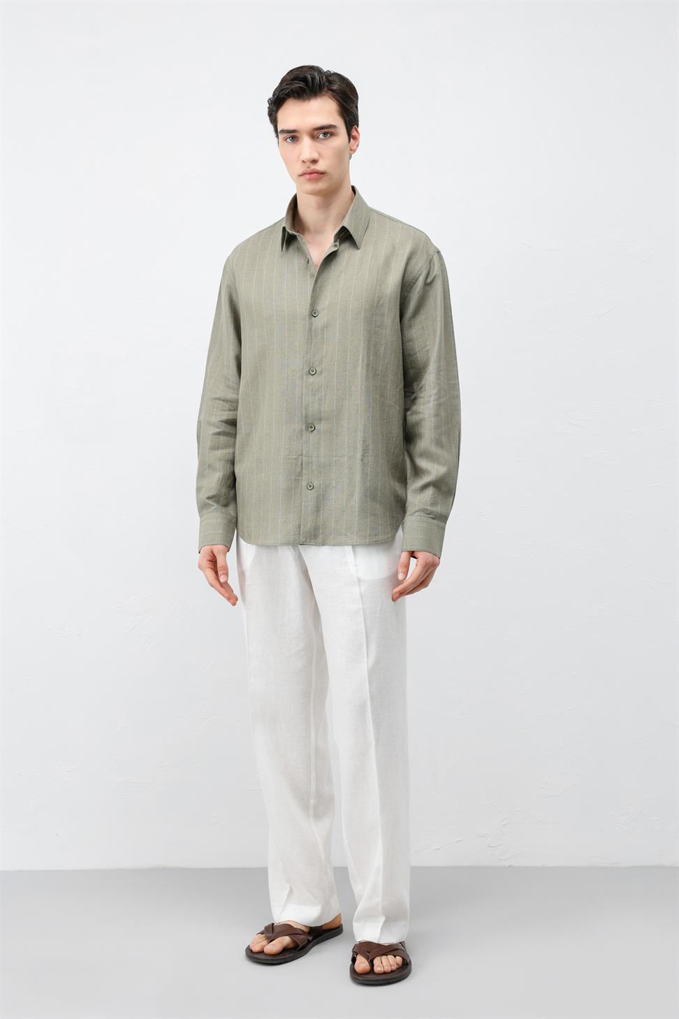 قميص رجالي مخطط من مزيج الكتان