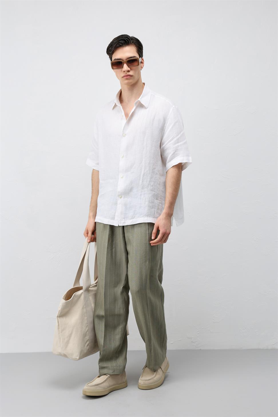Mens Striped Linen-Blend Pants