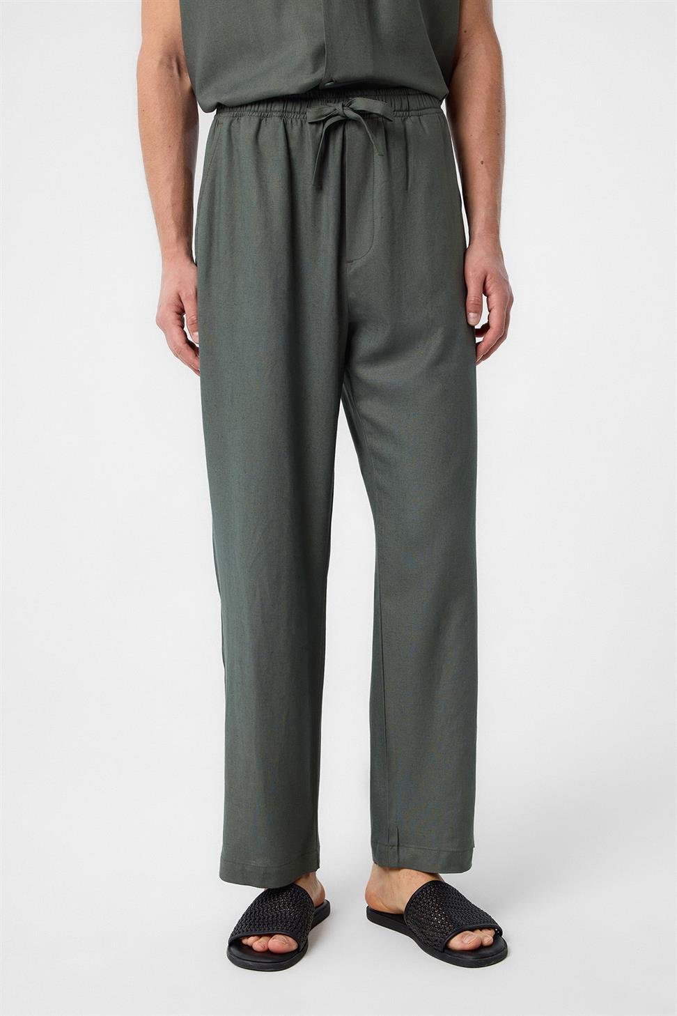 Antioch Haki Keten Karışımlı Jogger Erkek Pantolon