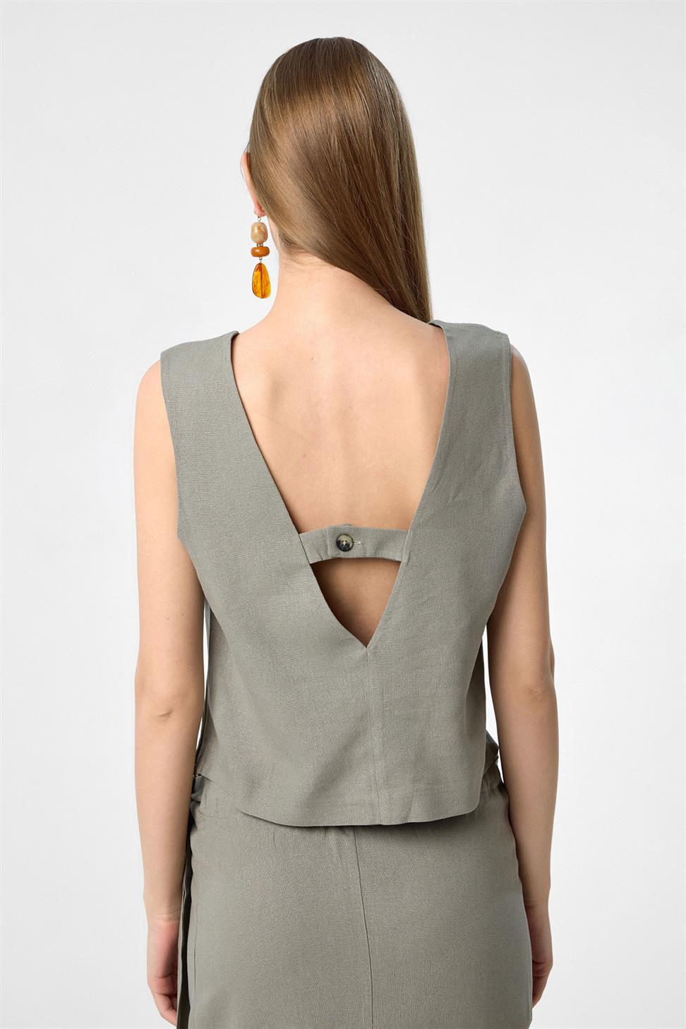 Antioch Haki Keten Karışımlı Kadın Bluz