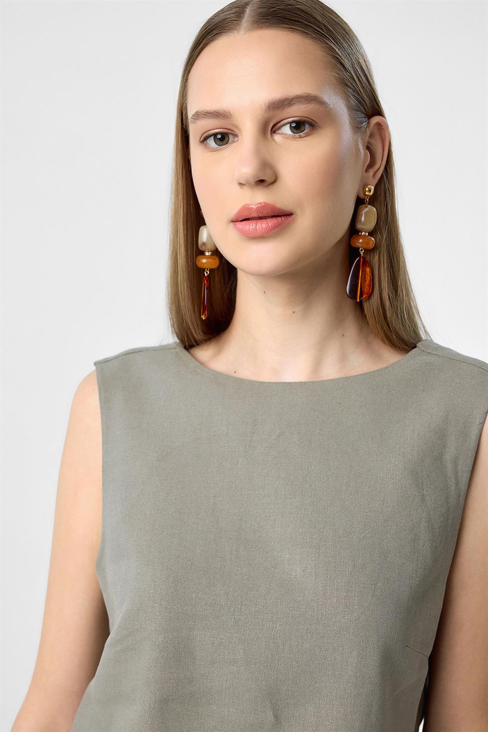 Antioch Haki Keten Karışımlı Kadın Bluz