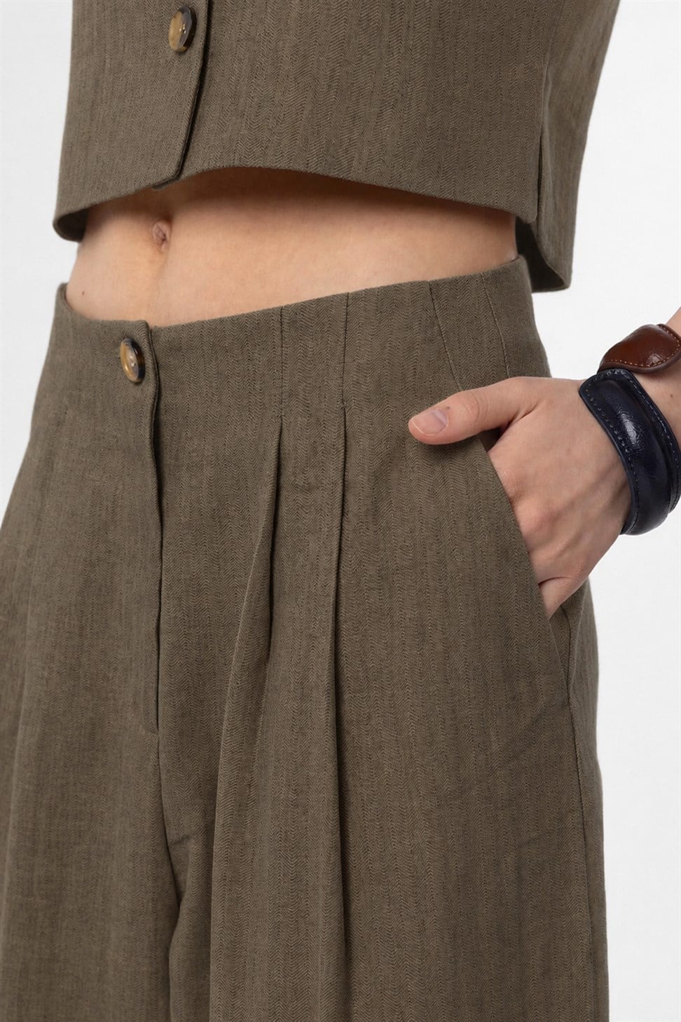 Antioch Haki Keten Karışımlı Kadın Culotte Pantolon