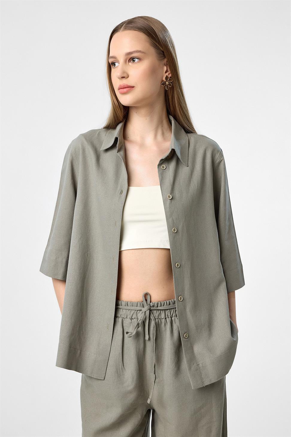 Antioch Haki Keten Karışımlı Kadın Gömlek