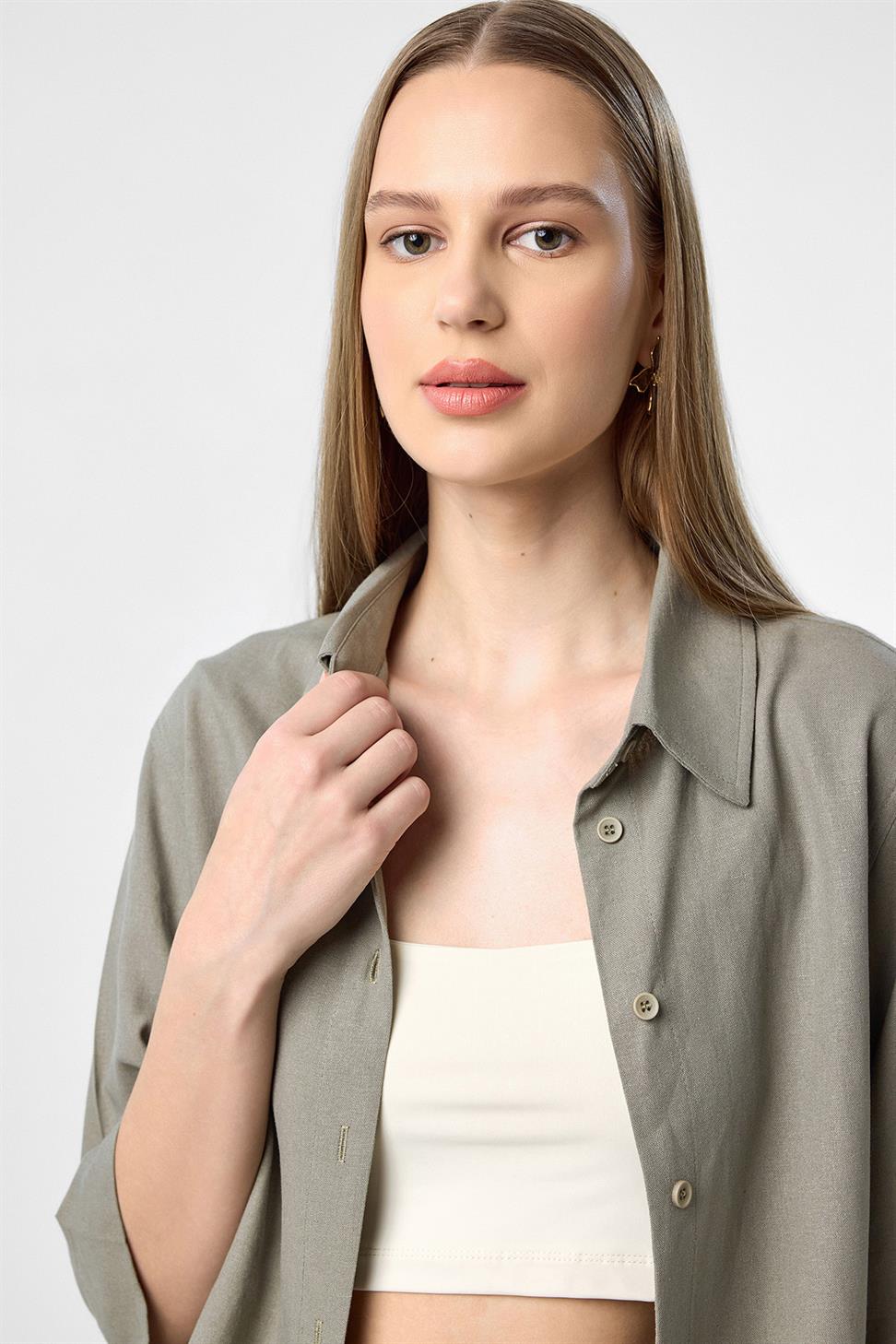 Antioch Haki Keten Karışımlı Kadın Gömlek