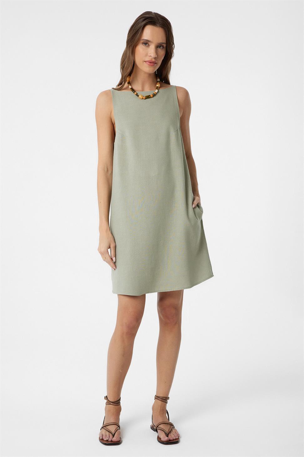 Antioch Haki Keten Karışımlı Kadın Mini Elbise