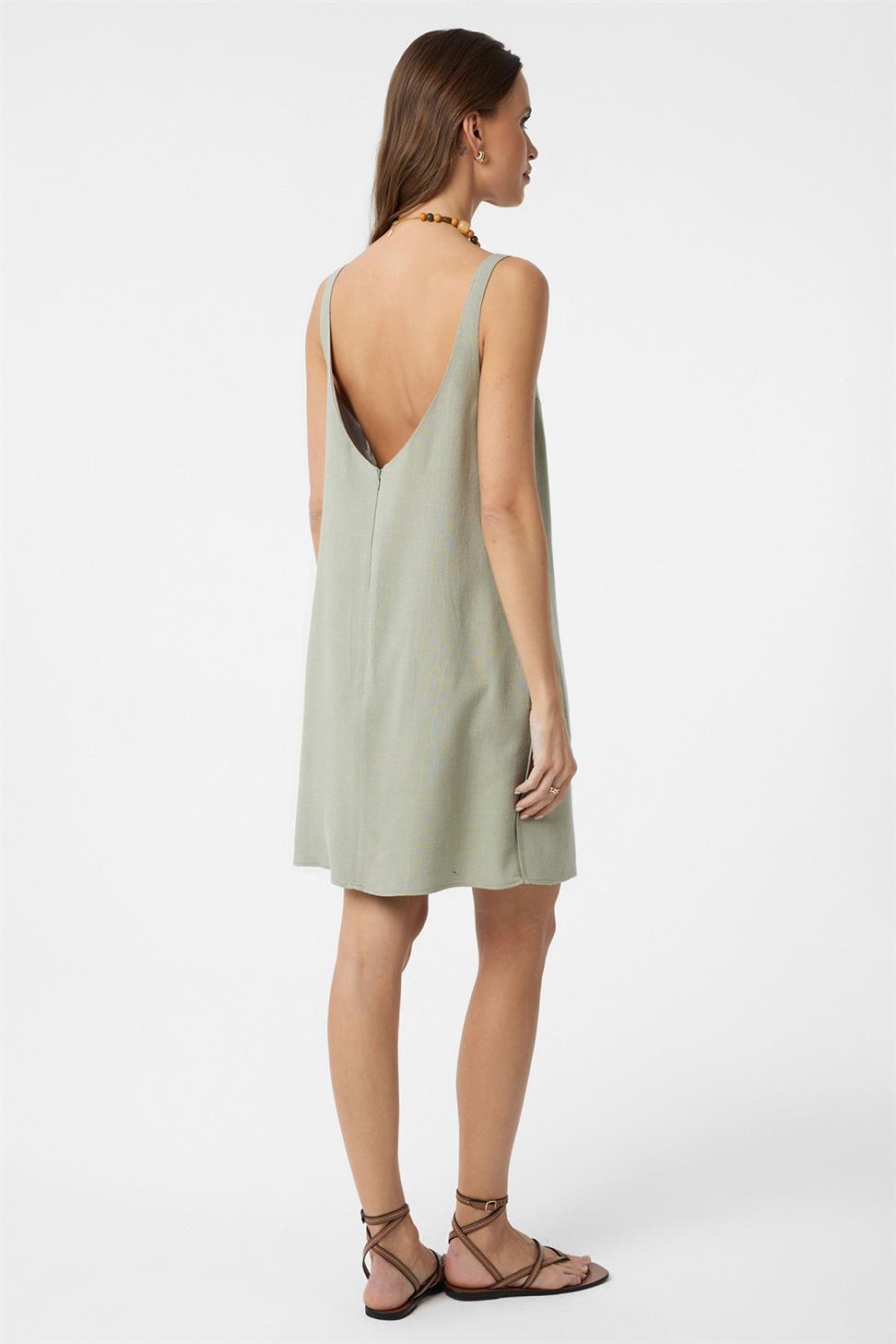 Antioch Haki Keten Karışımlı Kadın Mini Elbise