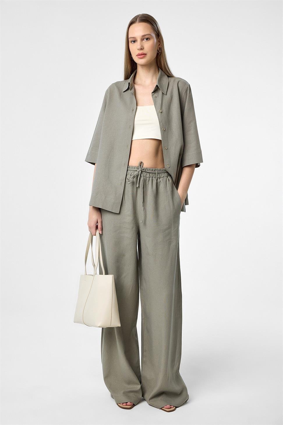 Antioch Haki Keten Karışımlı Kadın Pantolon