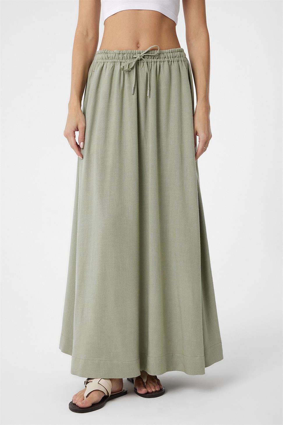 Antioch Haki Keten Karışımlı Kadın Uzun Etek