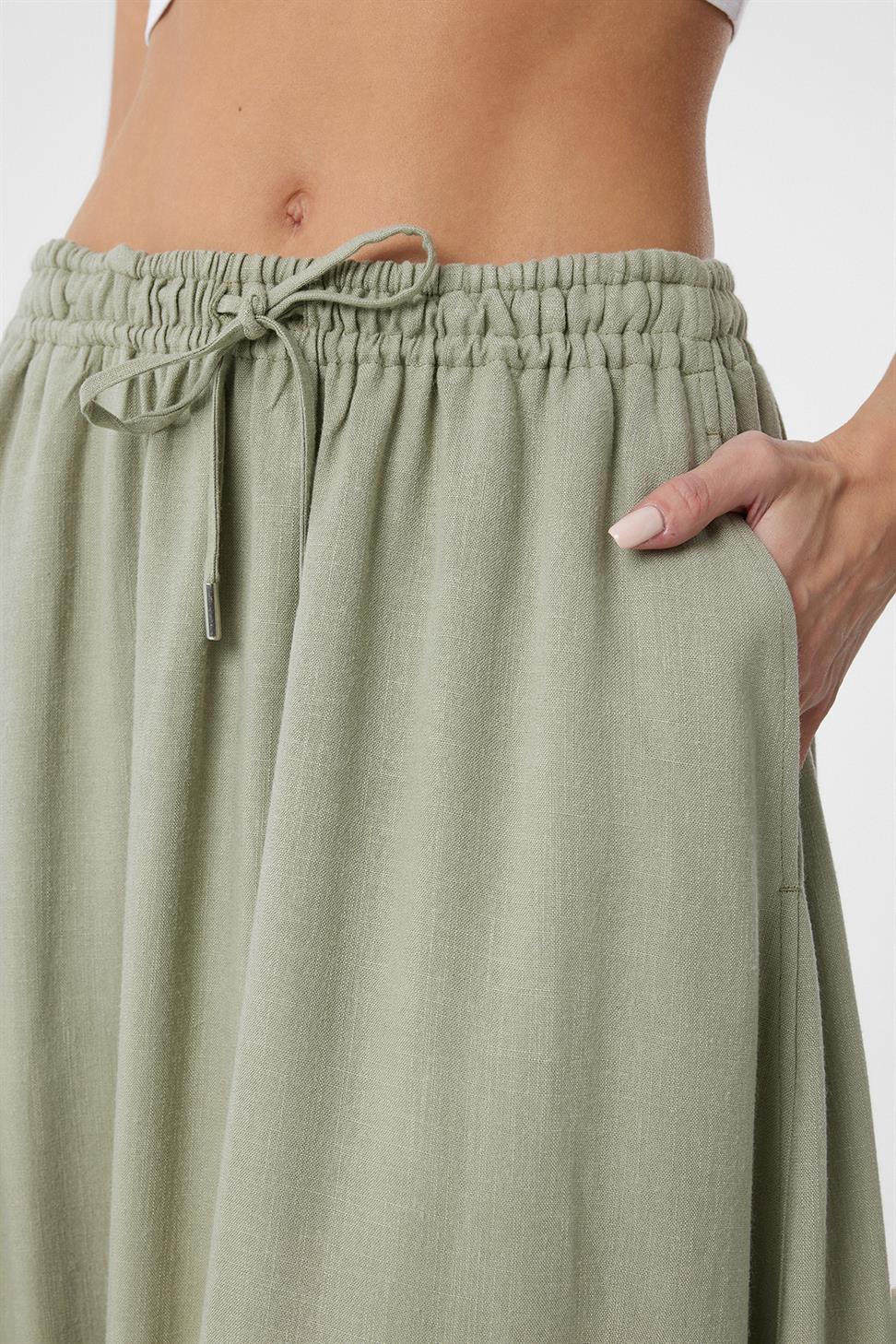 Antioch Haki Keten Karışımlı Kadın Uzun Etek