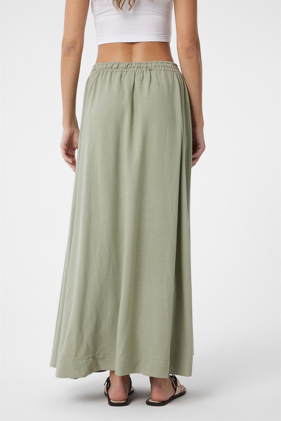 Antioch Haki Keten Karışımlı Kadın Uzun Etek