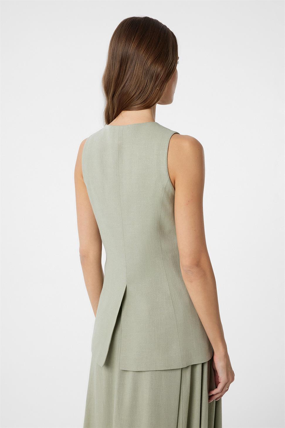 Antioch Haki Keten Karışımlı Kadın Uzun Yelek