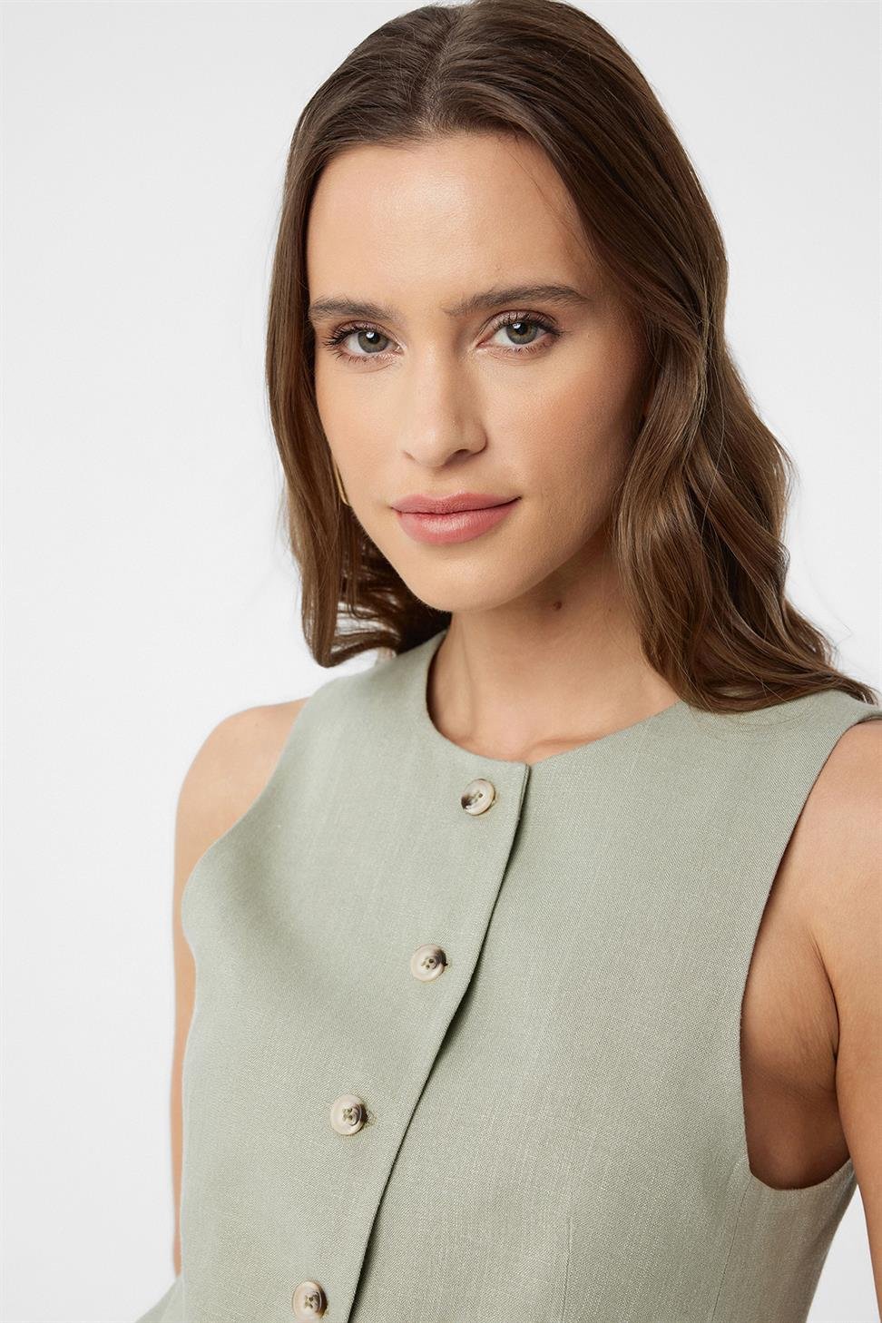 Antioch Haki Keten Karışımlı Kadın Uzun Yelek