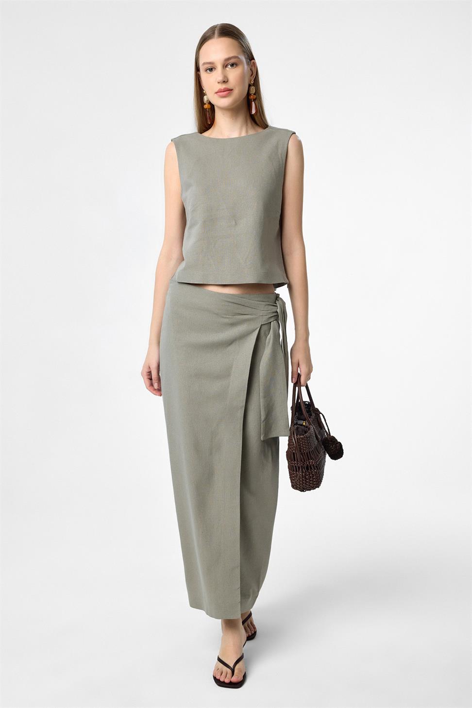 Antioch Haki Keten Karışımlı Kuşaklı Kadın Etek