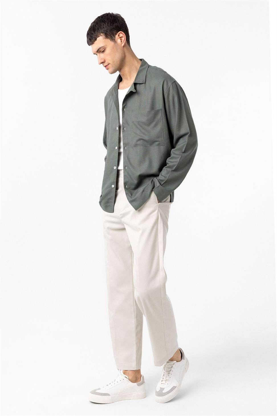 Antioch Haki Keten Karışımlı Relax Fit Erkek Gömlek
