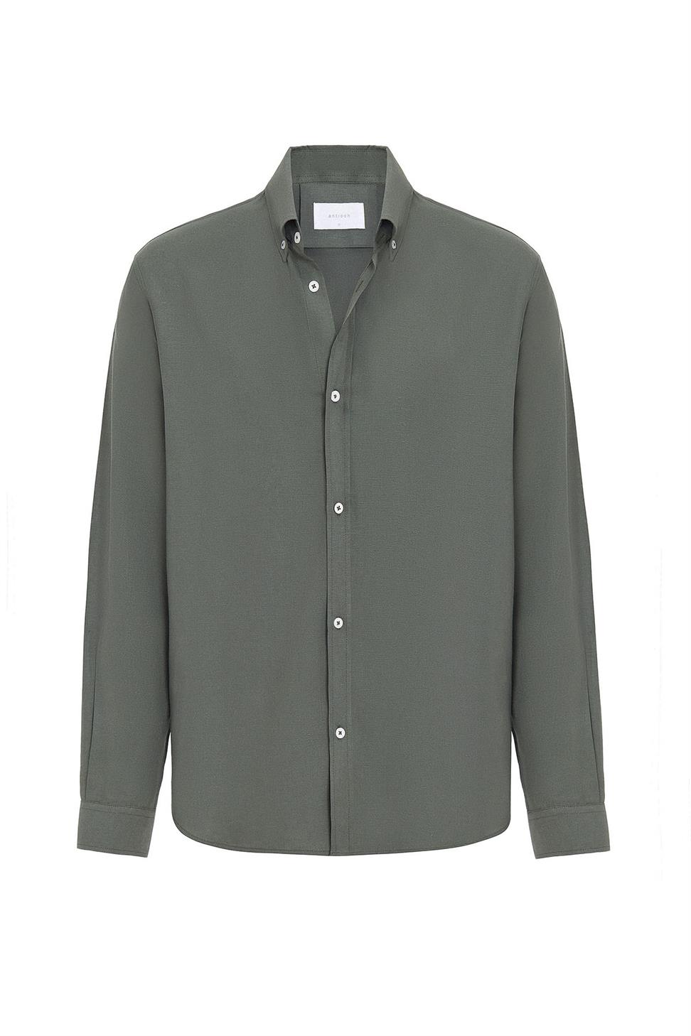 Antioch Haki Keten Karışımlı Yaka Düğmeli Erkek Gömlek