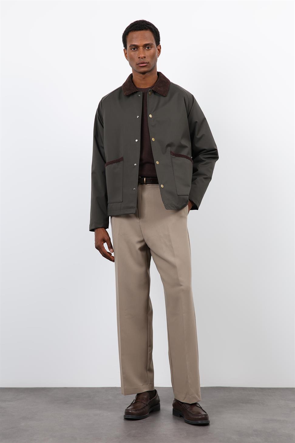 Antioch Haki Kontrast Yaka Erkek Mont