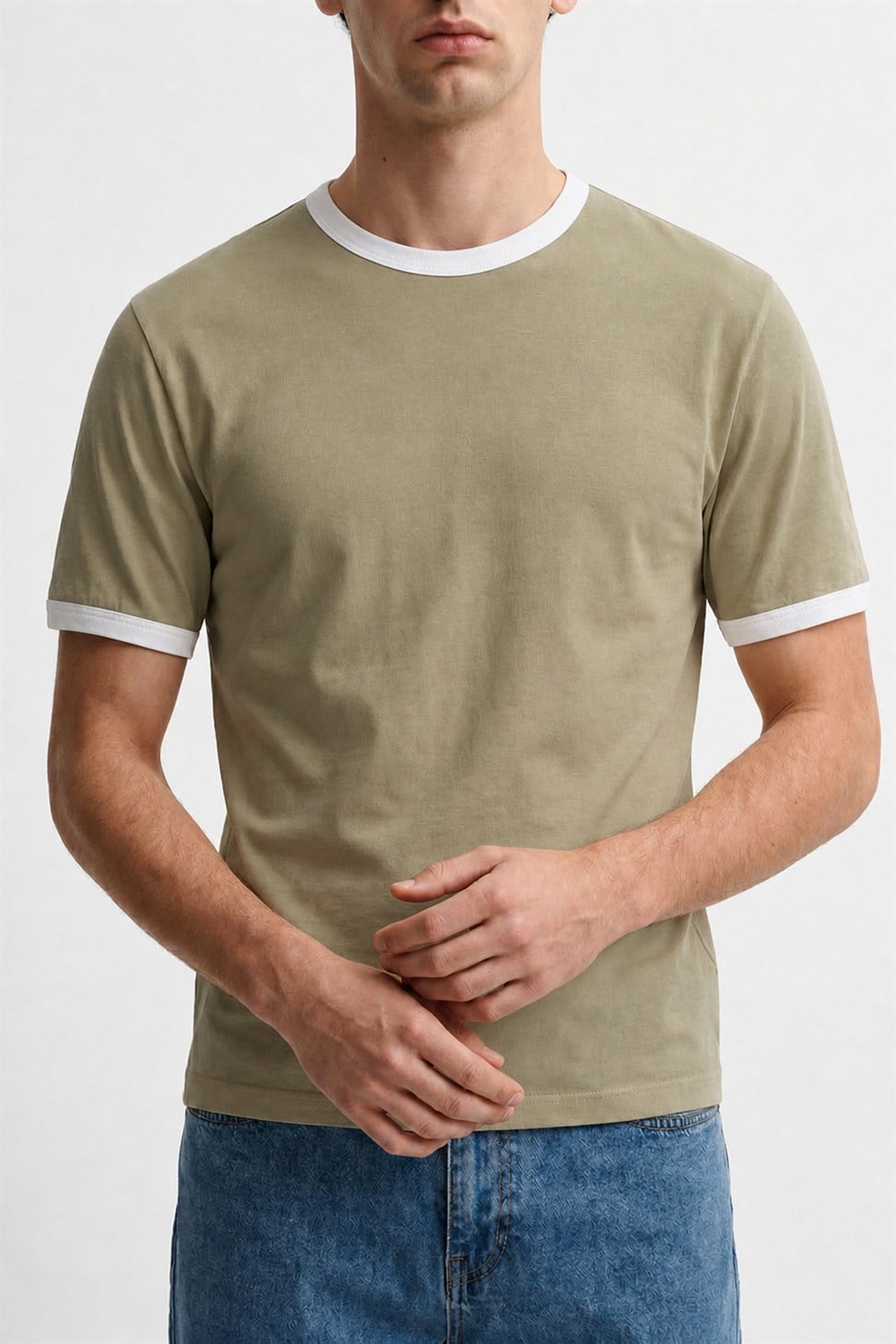 Antioch Haki Kontrast Yaka Erkek T-Shirt