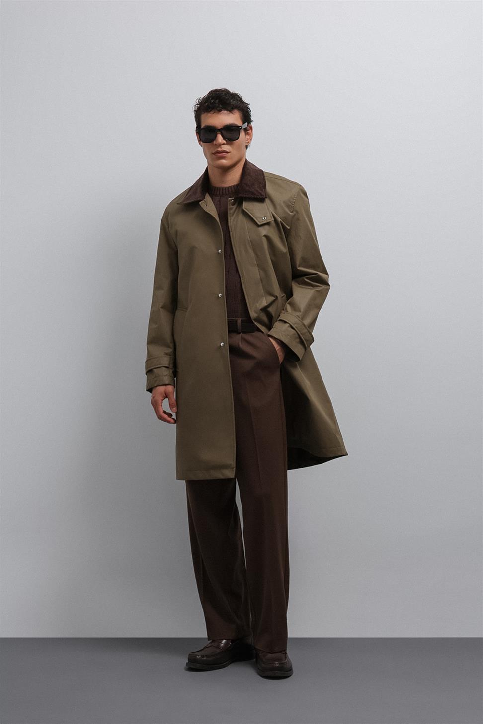 Antioch Haki Kontrast Yaka Teknik Erkek Trençkot