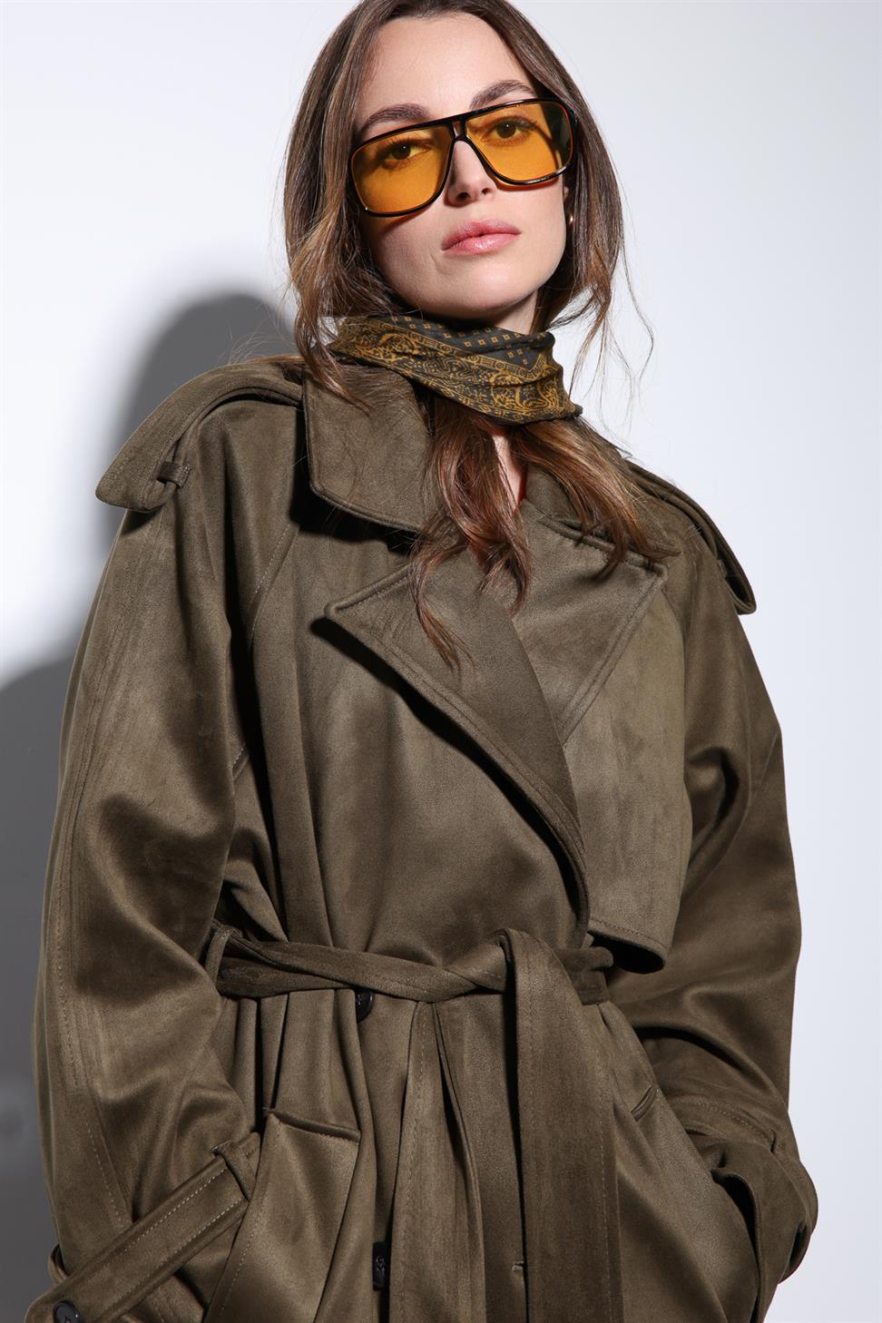 Antioch Haki Kruvaze Süet Görünümlü Premium Kadın Trençkot