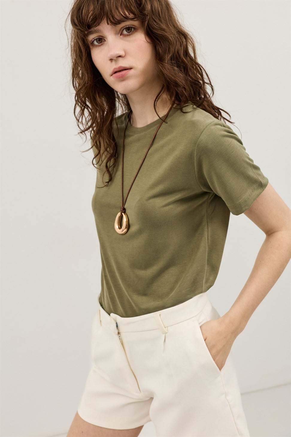 Antioch Haki Modal Karışımlı T-Shirt