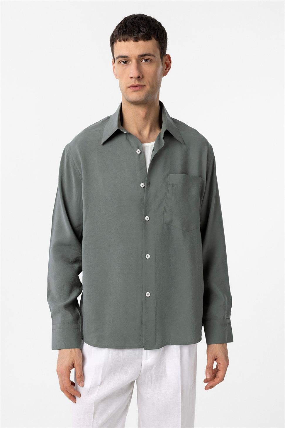 Antioch Haki Modal Kumaş Relax Fit Erkek Gömlek