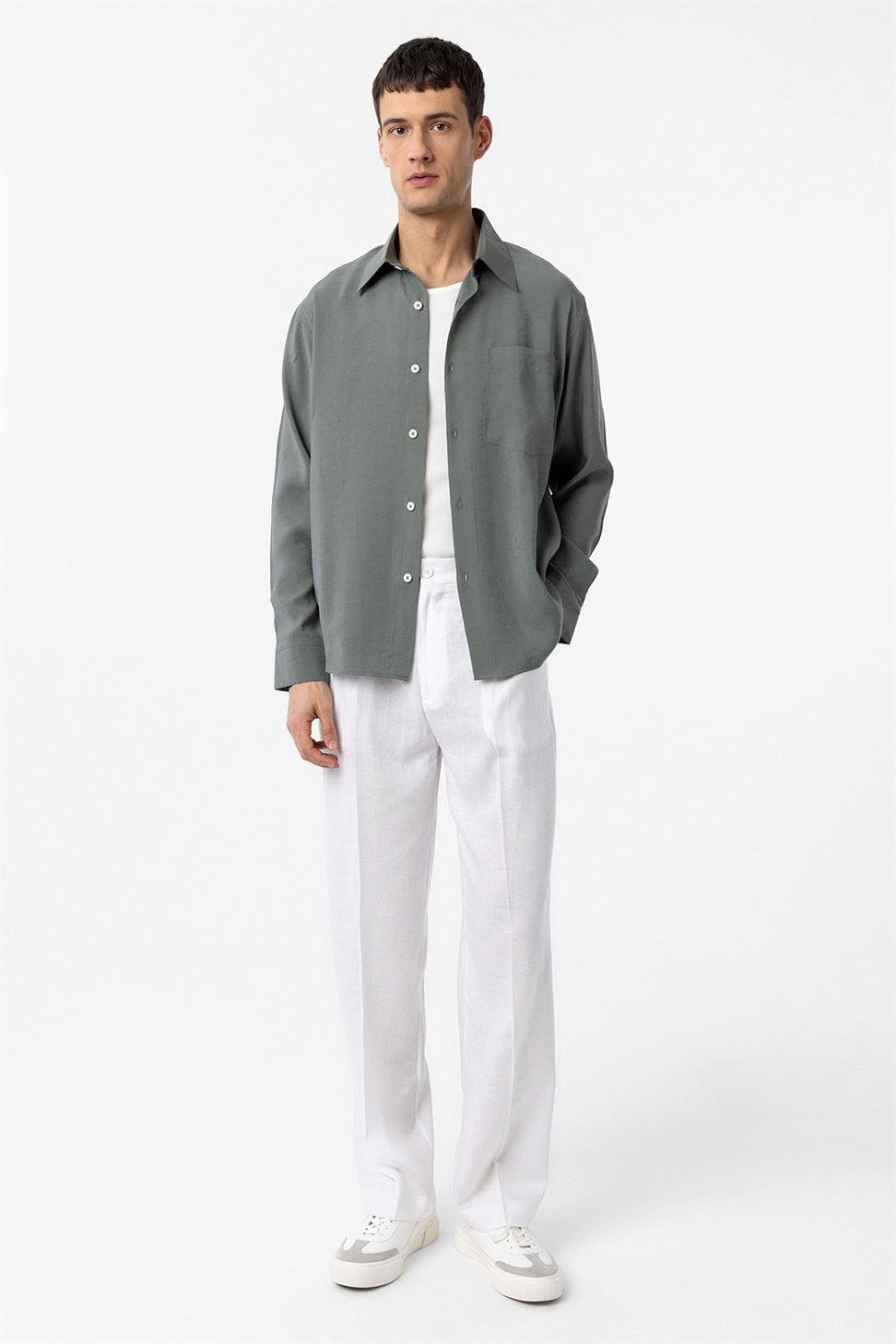 Antioch Haki Modal Kumaş Relax Fit Erkek Gömlek