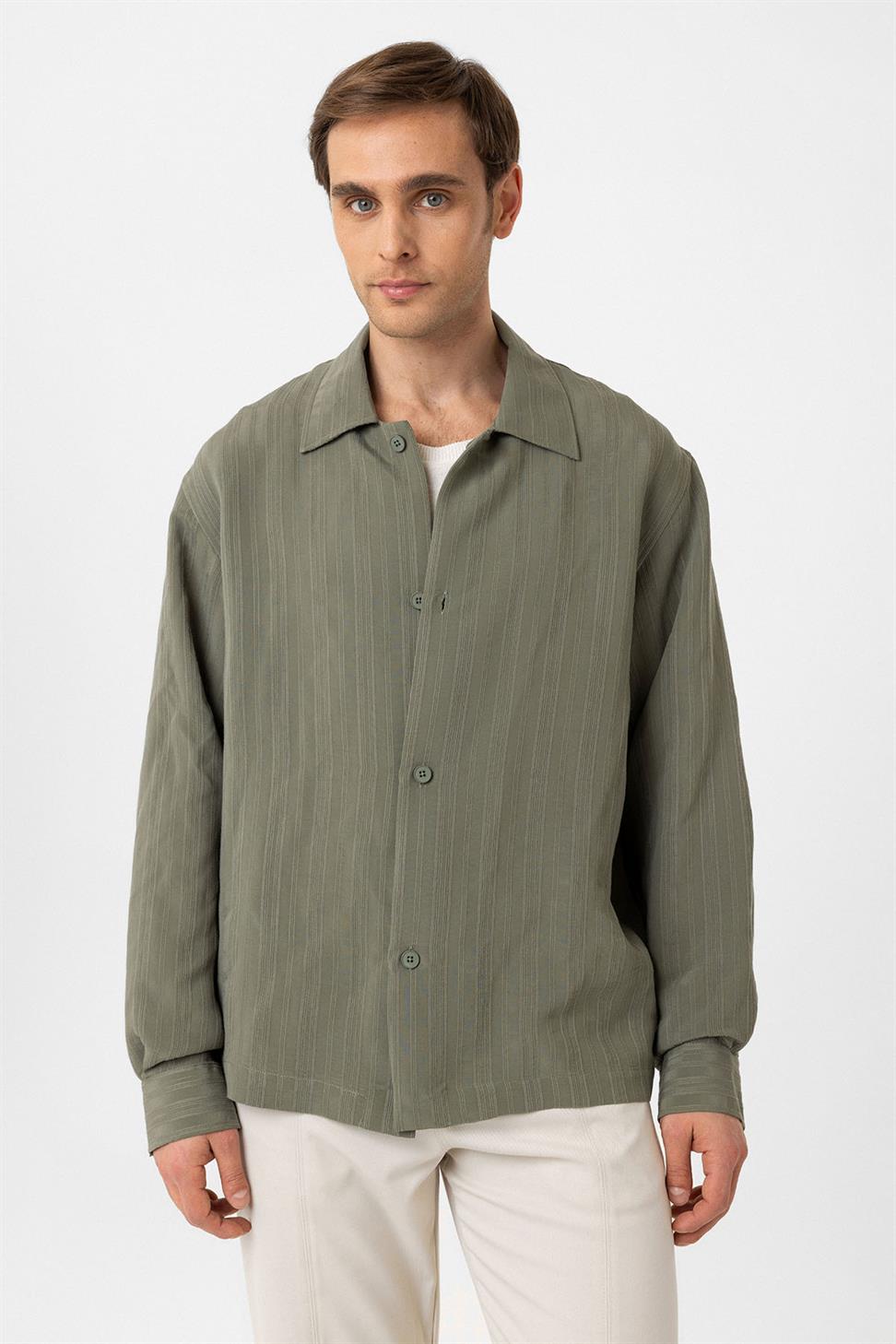 Antioch Haki Oversize Dokulu Erkek Gömlek