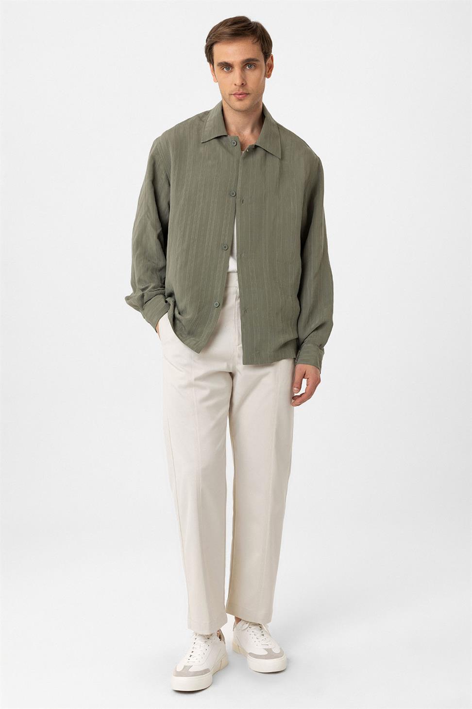 Antioch Haki Oversize Dokulu Erkek Gömlek