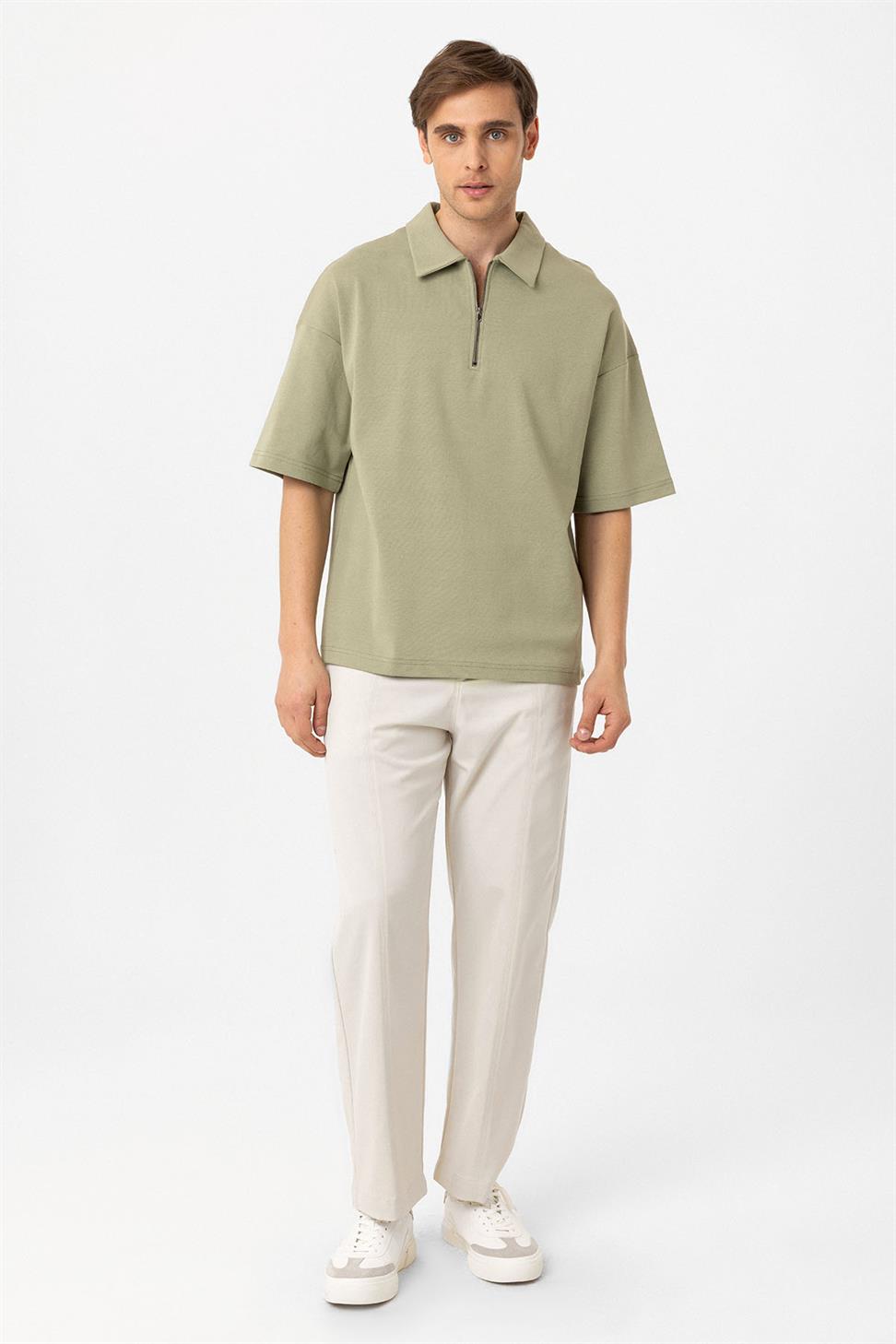 Antioch Haki Oversize Polo Yaka Fermuarlı Erkek T-Shirt