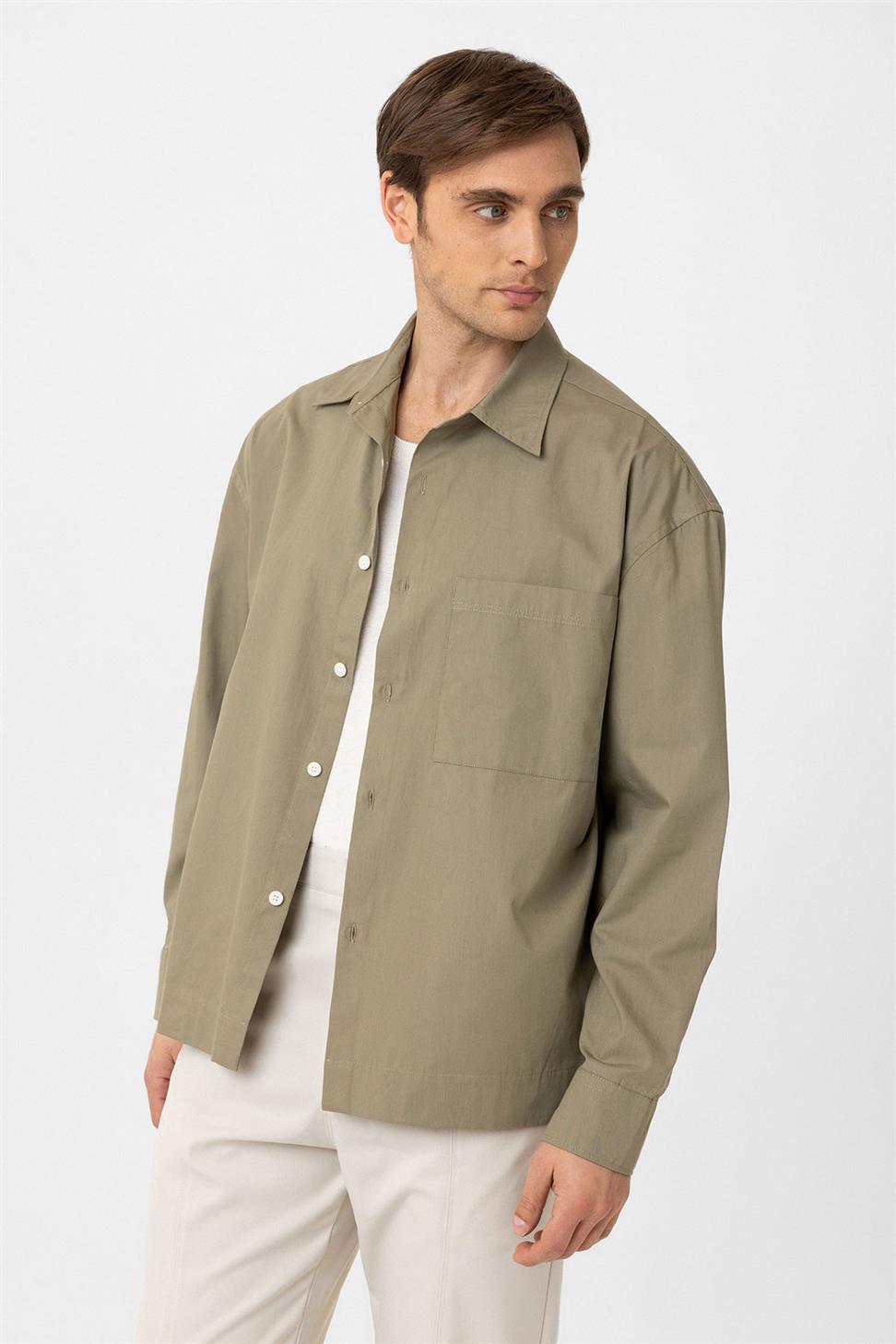 Antioch Haki Pamuklu Relaxed Erkek Gömlek