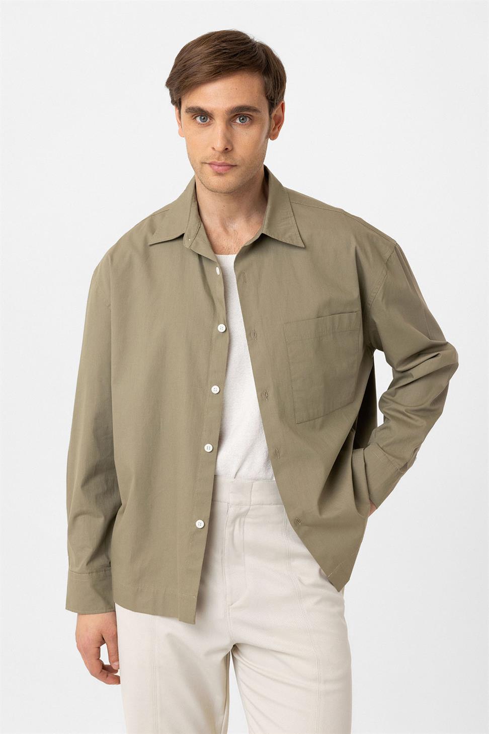 Antioch Haki Pamuklu Relaxed Erkek Gömlek