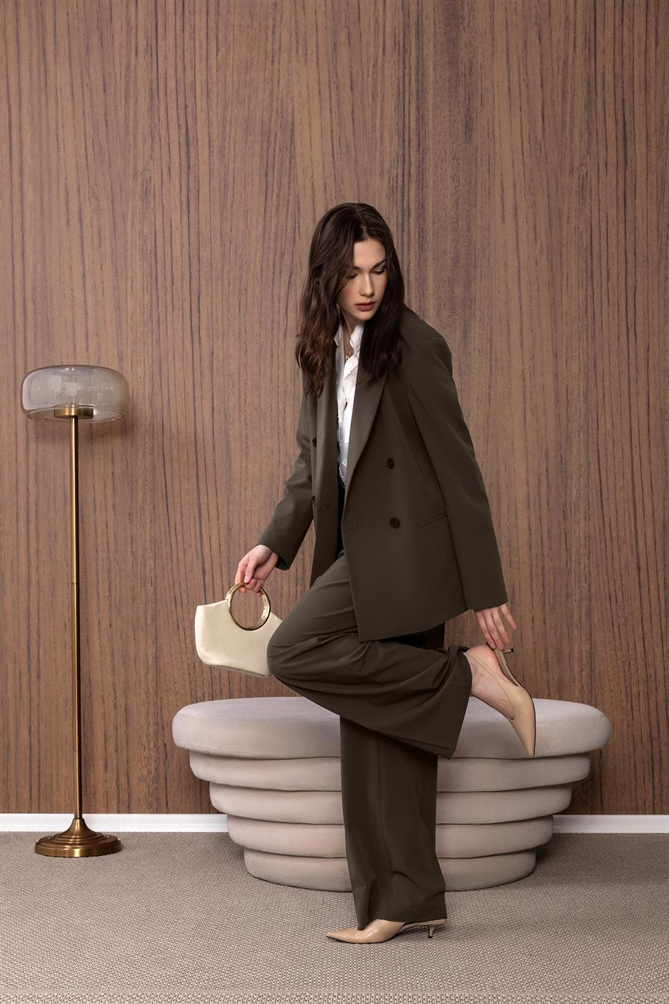 Antioch Haki Regular Fit Kruvaze Kadın Blazer Ceket