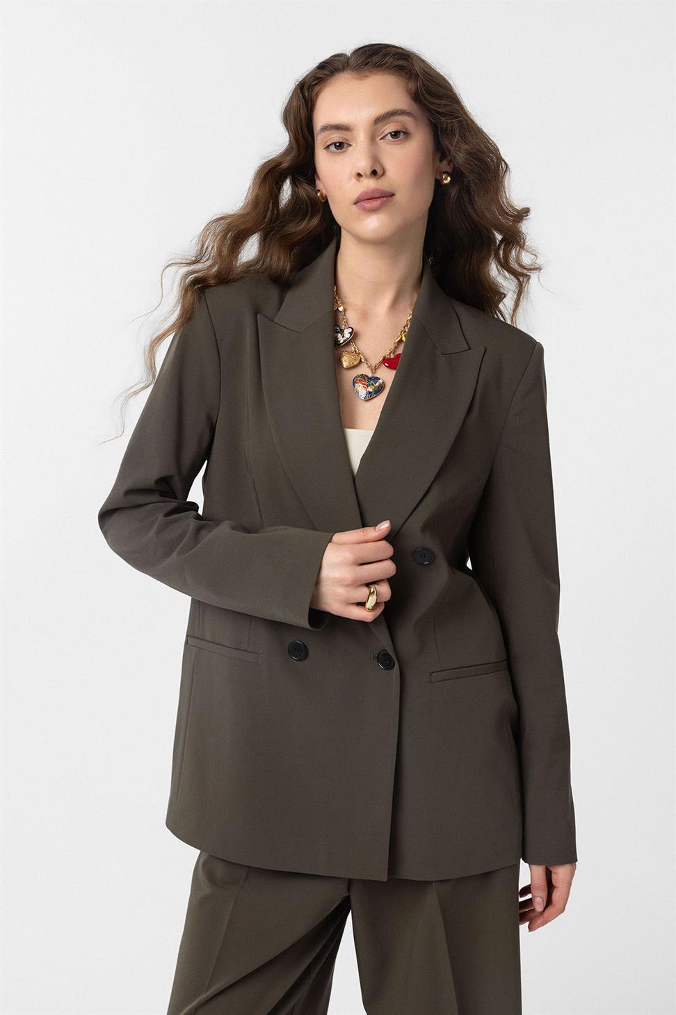 Antioch Haki Regular Fit Kruvaze Kadın Blazer Ceket