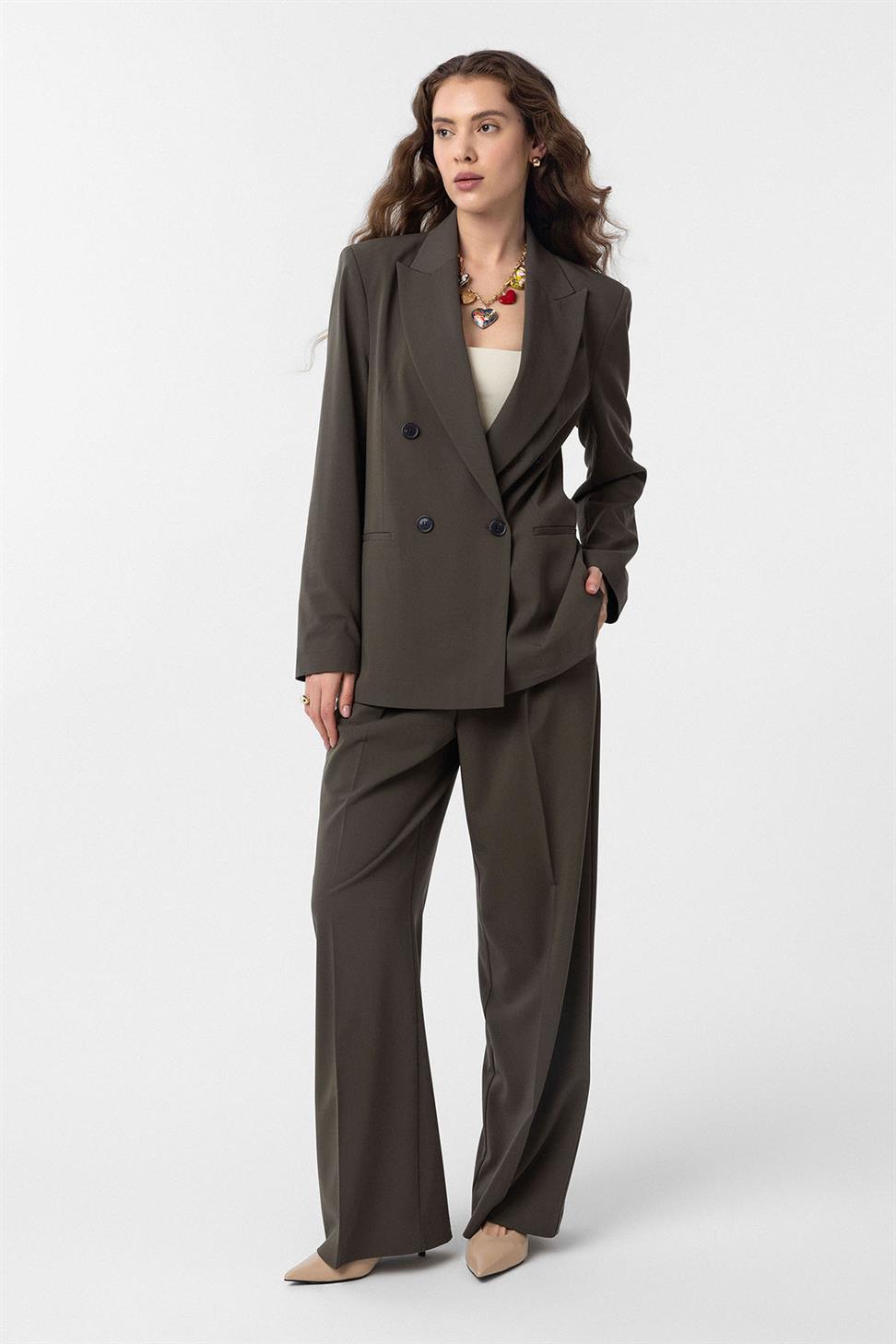 Antioch Haki Regular Fit Kruvaze Kadın Blazer Ceket