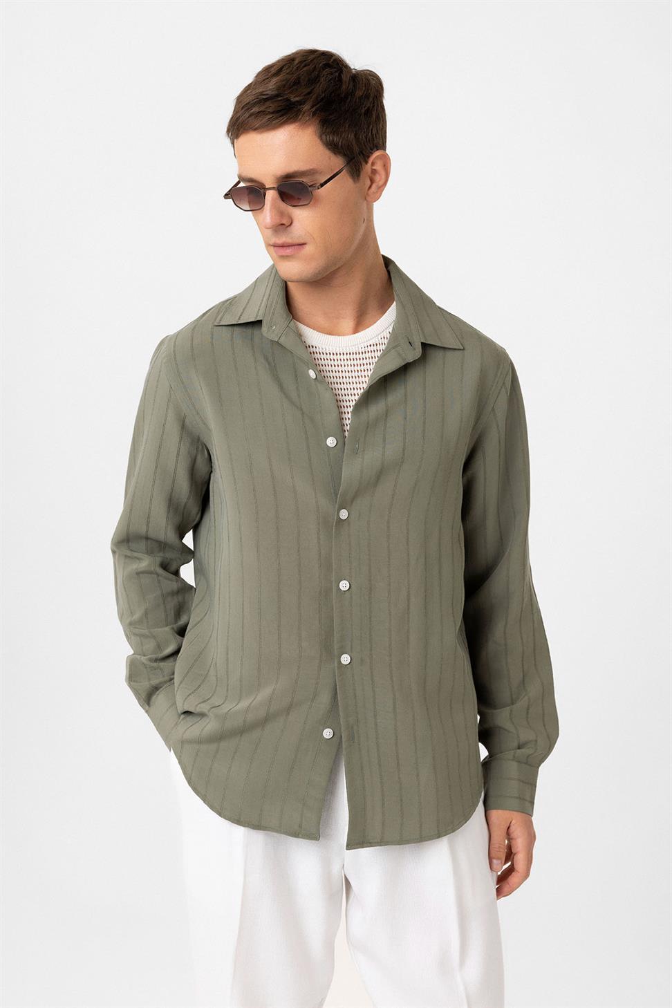 Antioch Haki Relax Fit Çizgili Erkek Gömlek